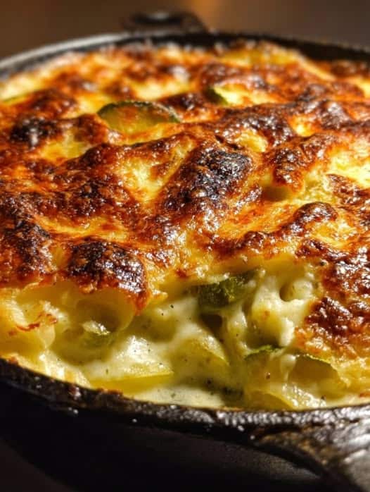 Gratin fondant à la courgette et aux pommes de terre doré au four avec mozzarella