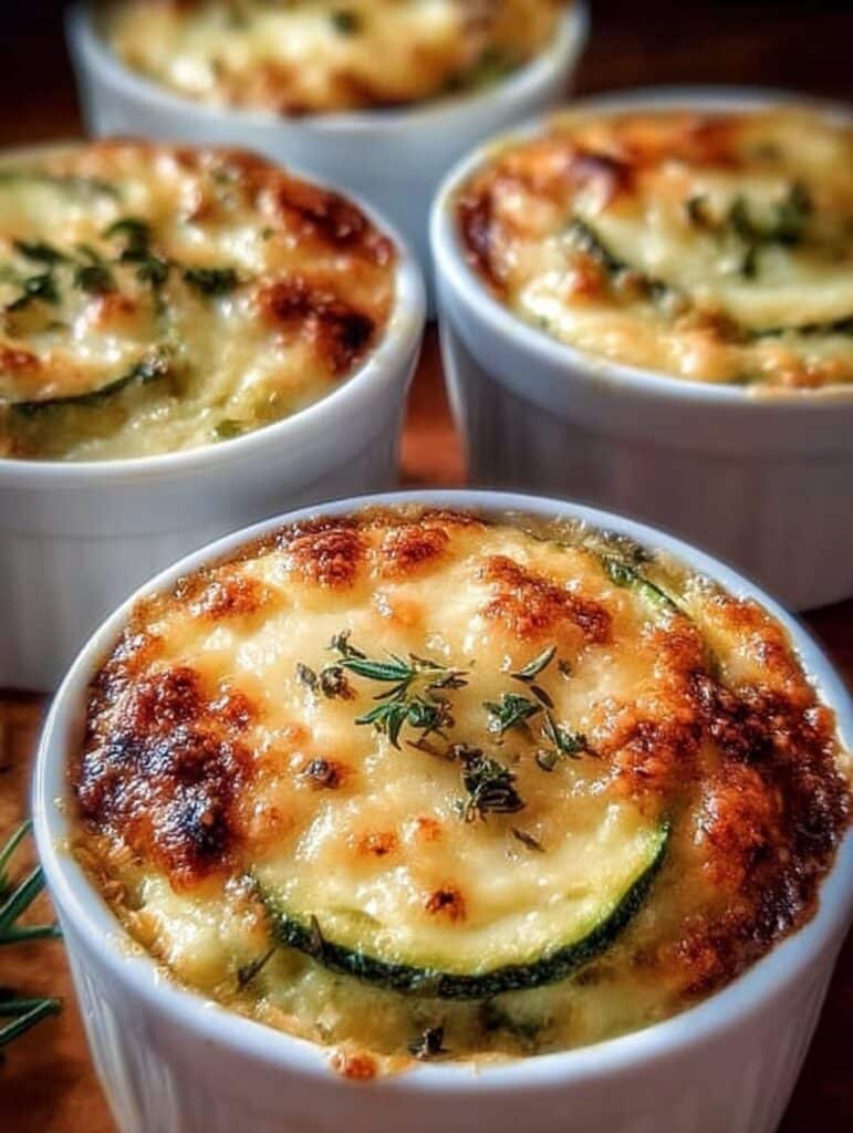 Petits gratins de courgettes ultra moelleux, dorés au four dans des ramequins individuels, prêts à être dégustés.