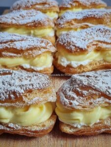 Éclairs façon tropézienne garnis de crème diplomate, saupoudrés de sucre glace et de grains de sucre, présentés sur une assiette.