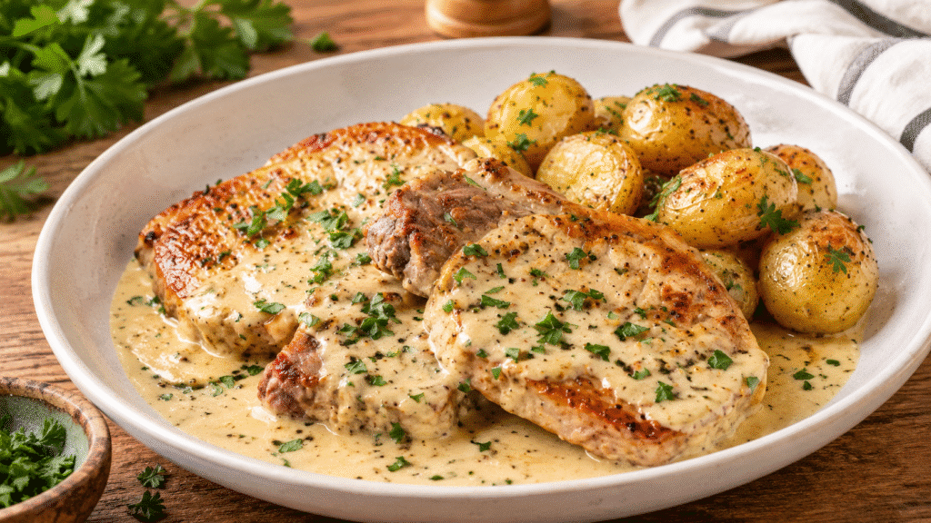 CÔTELETTES DE PORC À LA CRÈME & POMMES DE TERRE